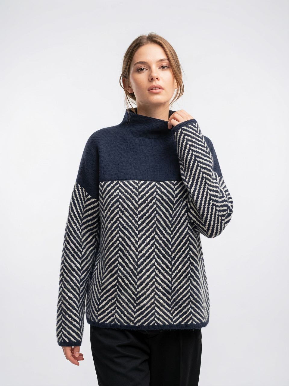 Pull Femme Cachemire Col Roulé Tendance Chevron Hiver - Bleu XS
