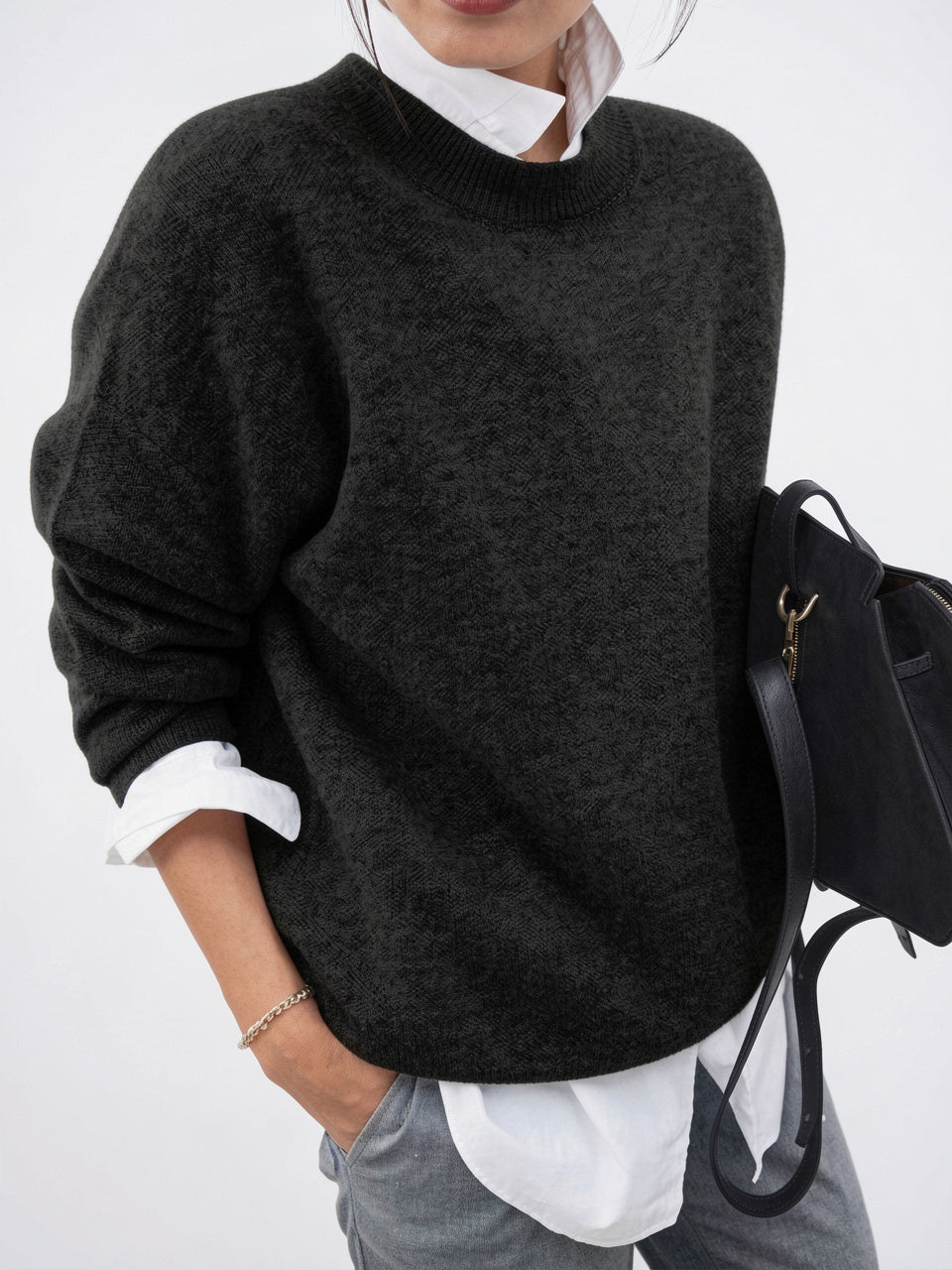 Pull Femme Cachemire Tricot Col Rond Élégante Coupe - Noir XS