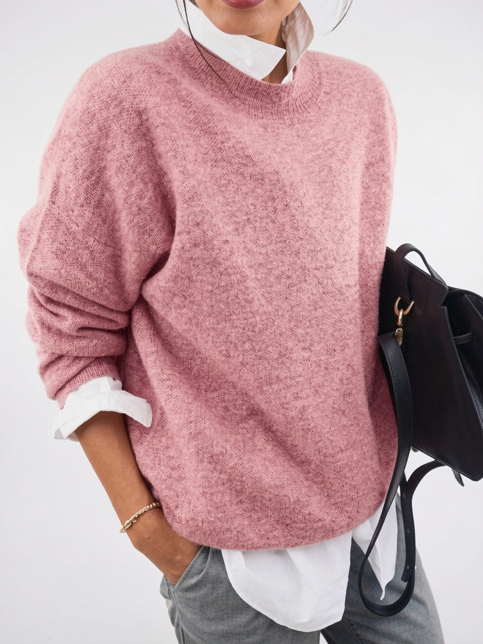 Pull Femme Cachemire Tricot Col Rond Élégante Coupe - Rose XS
