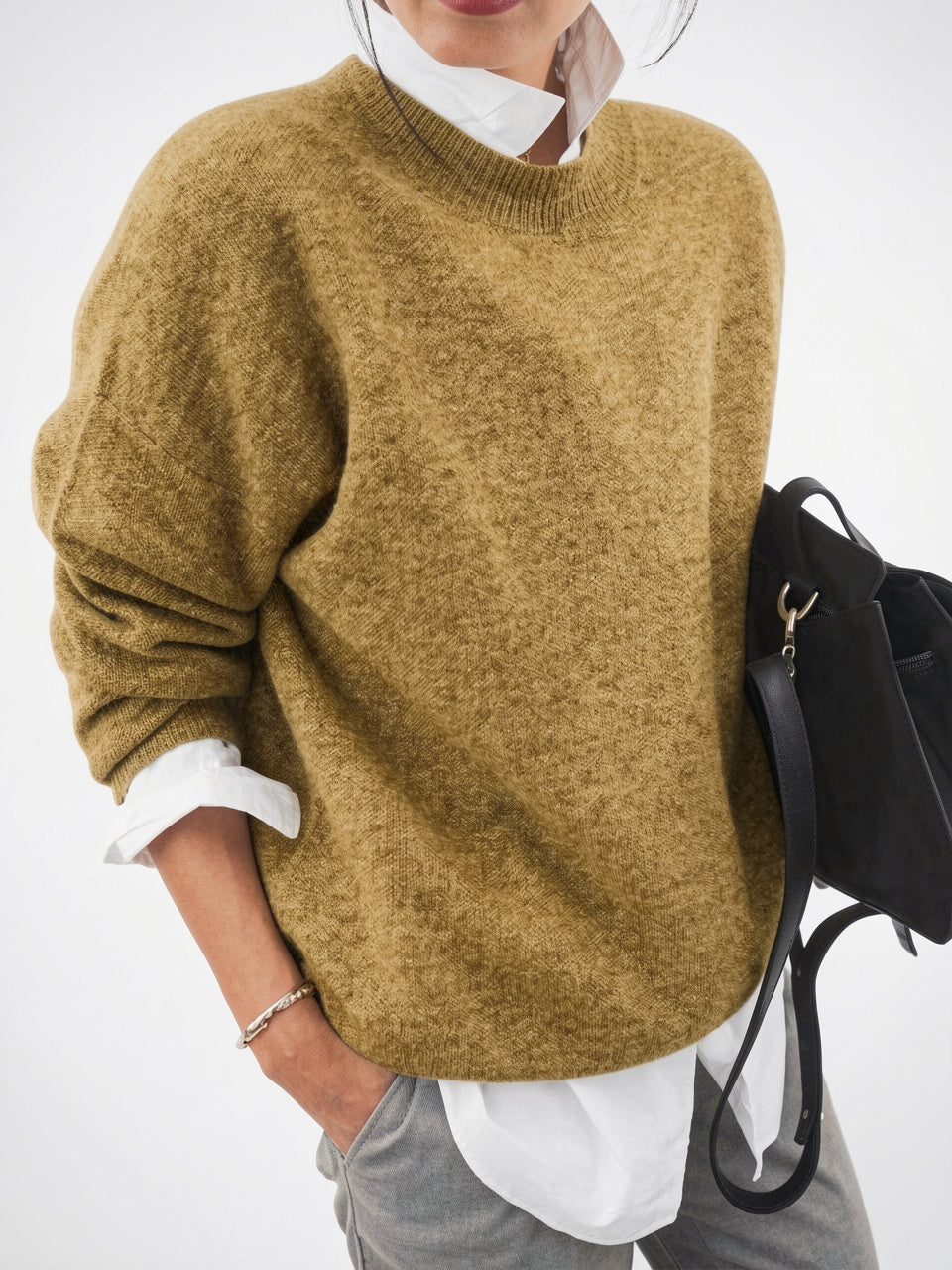 Pull Femme Cachemire Tricot Col Rond Élégante Coupe - Vert XS
