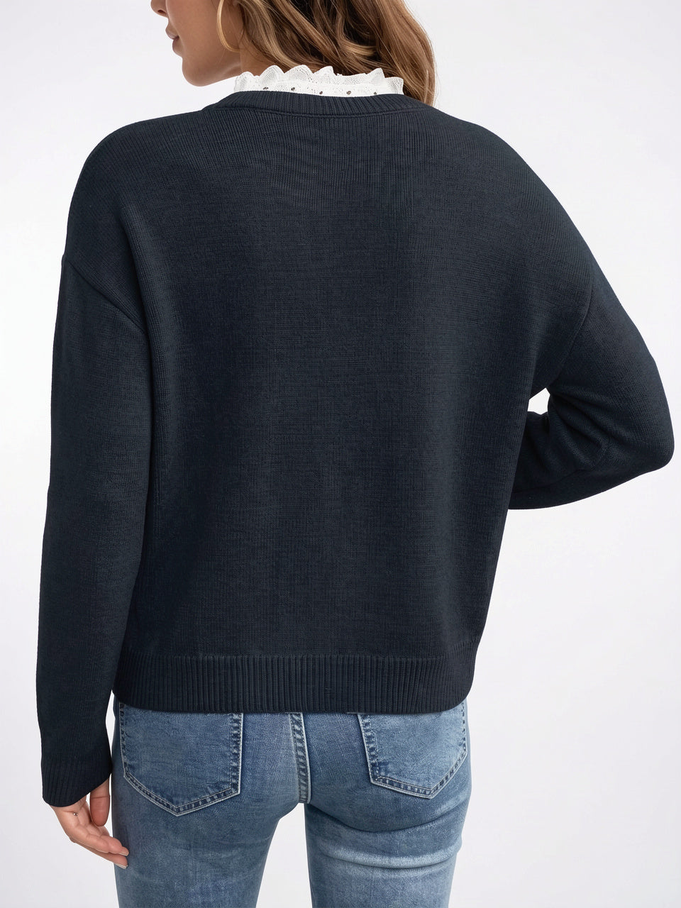Pull Femme Élégant Col V Dentelle - 3
