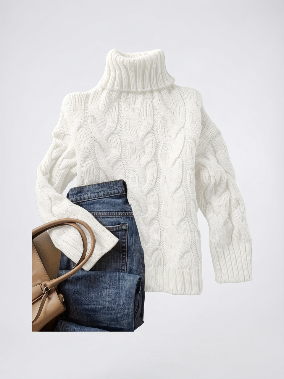 Pull Femme Tricot Câblé Col Roulé Hiver Épais - Blanc S