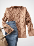 Pull Femme Tricot Câblé Col Roulé Hiver Épais - Camel S
