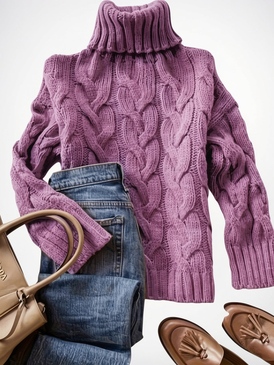 Pull Femme Tricot Câblé Col Roulé Hiver Épais - Fuchsia S