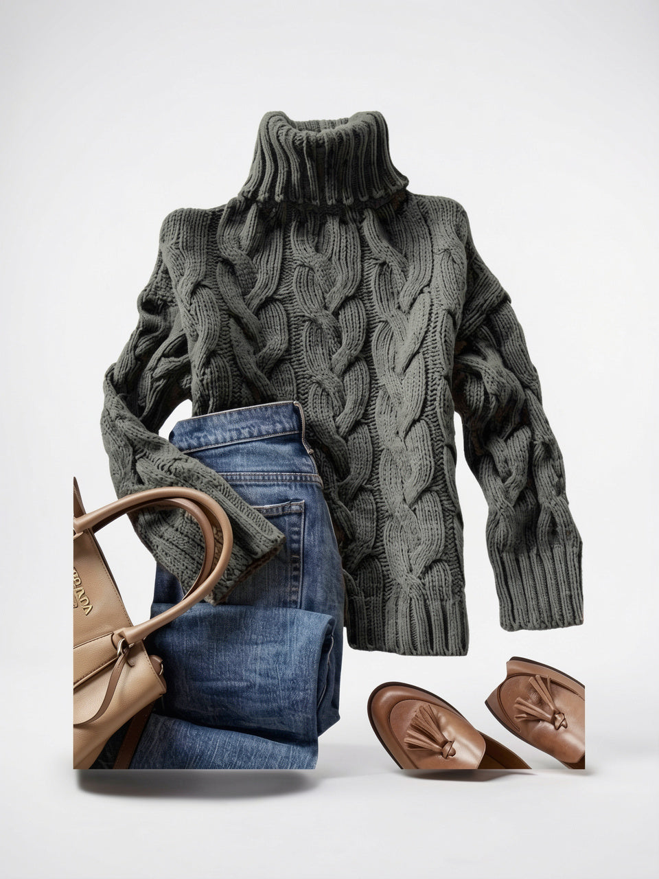 Pull Femme Tricot Câblé Col Roulé Hiver Épais - Gris Foncé S