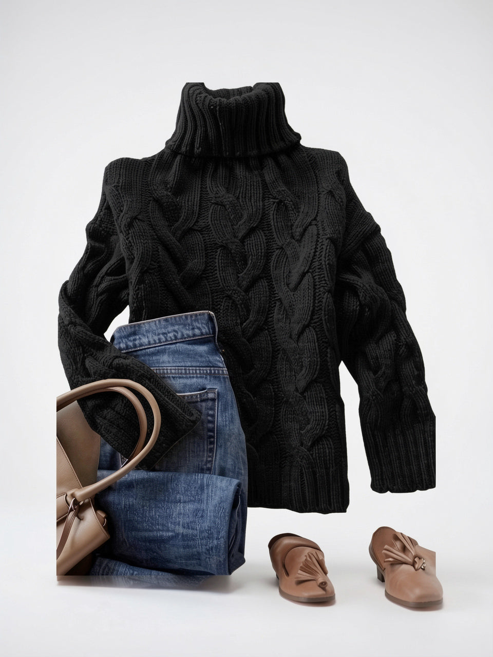 Pull Femme Tricot Câblé Col Roulé Hiver Épais - Noir S