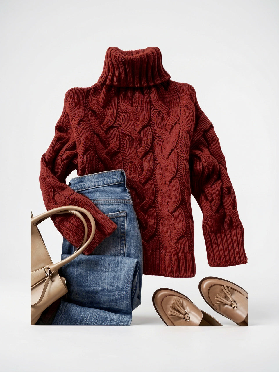 Pull Femme Tricot Câblé Col Roulé Hiver Épais - Rouge Sanguin S