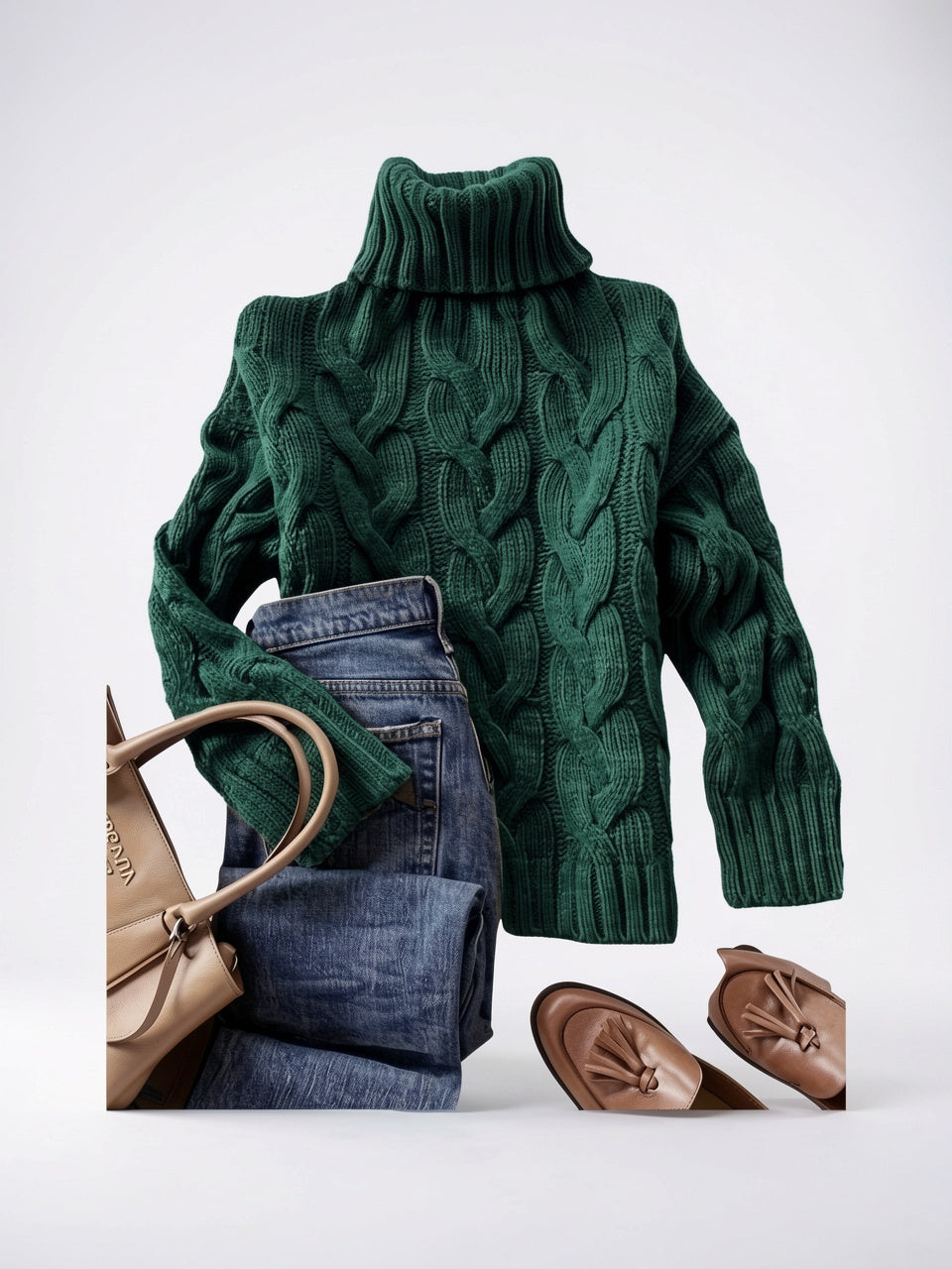 Pull Femme Tricot Câblé Col Roulé Hiver Épais - Vert Foncé S