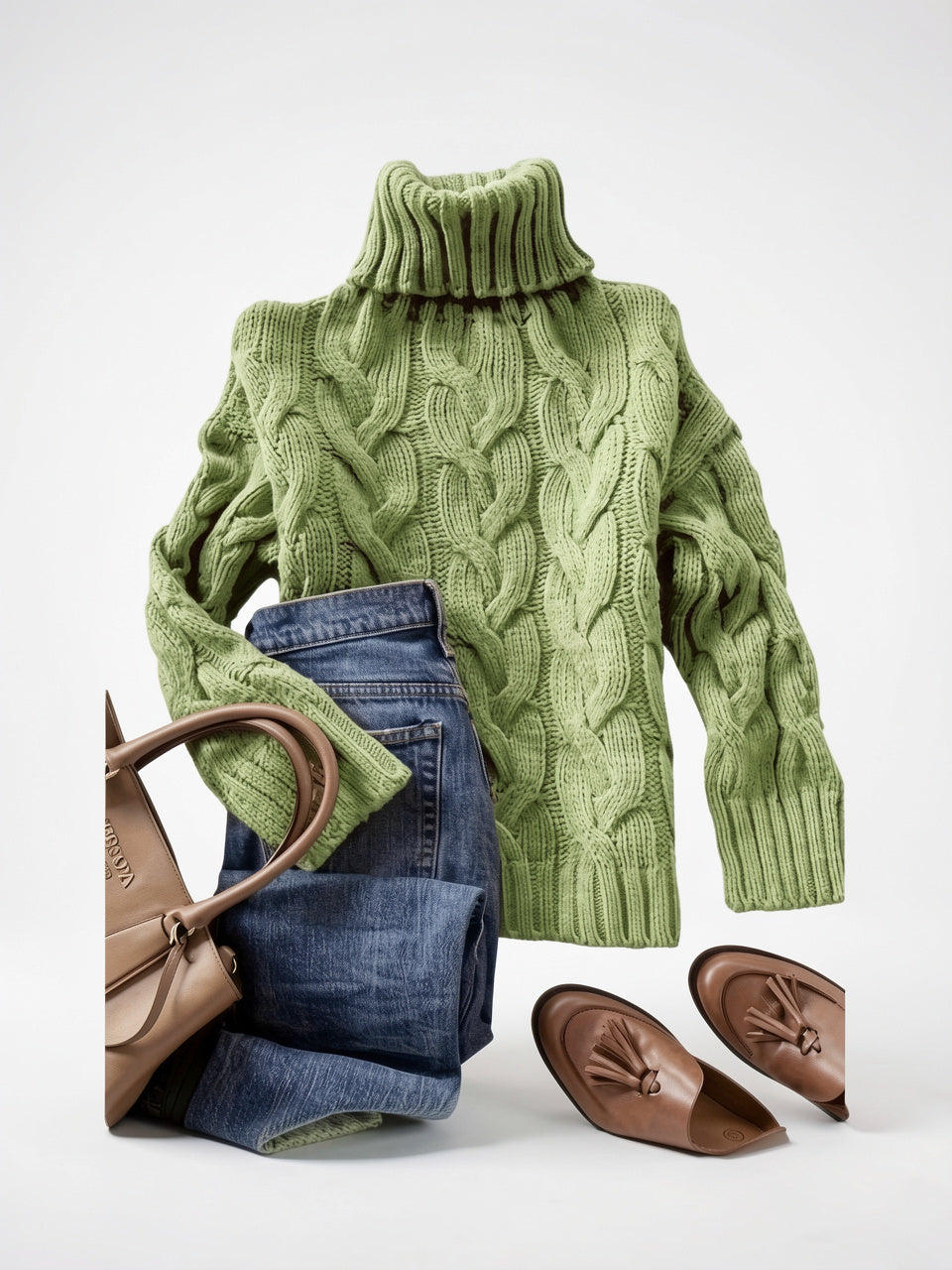 Pull Femme Tricot Câblé Col Roulé Hiver Épais - Vert Lime S