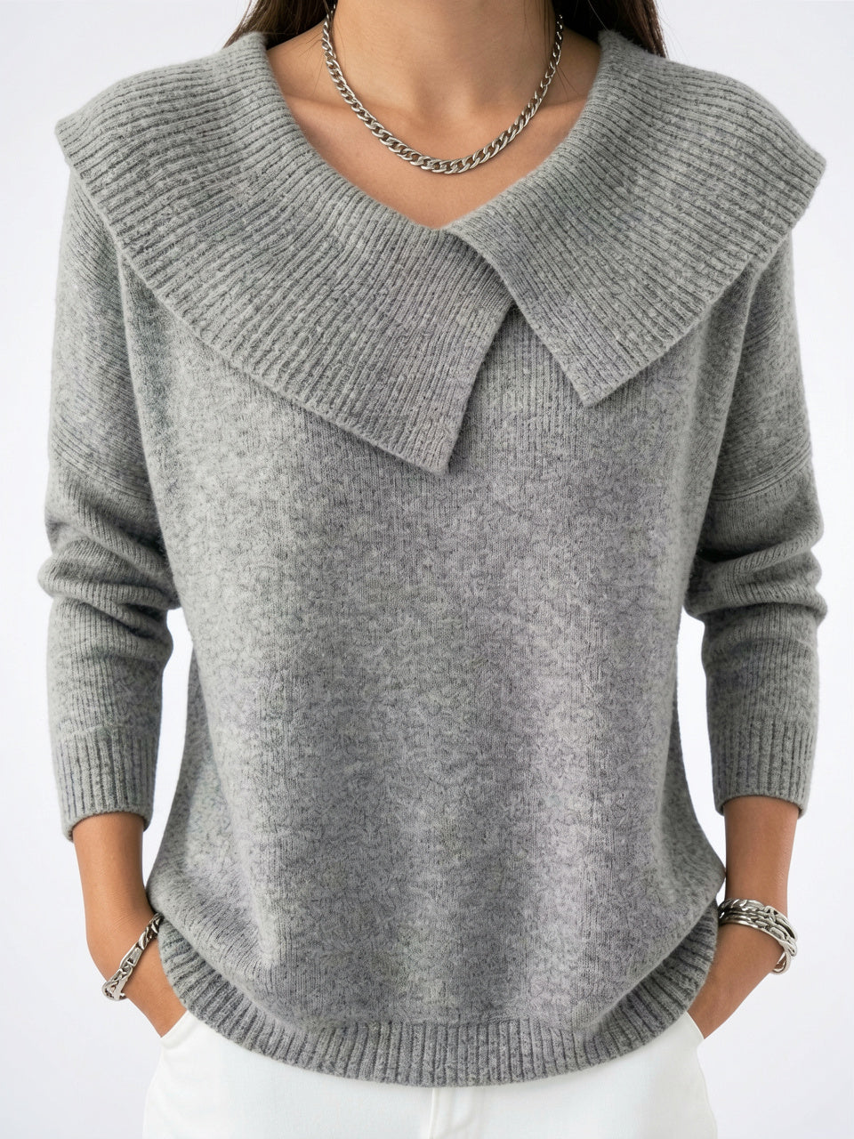 Pull Femme Tricot Col Rabattu Large Maille Automne - Gris S