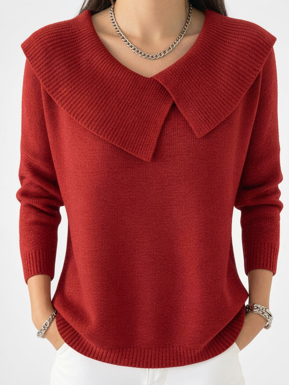 Pull Femme Tricot Col Rabattu Large Maille Automne - Rouge S