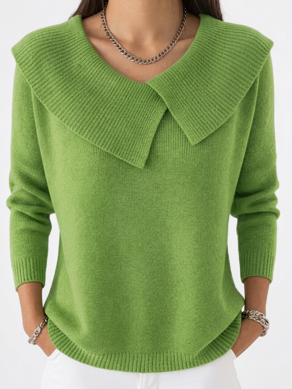 Pull Femme Tricot Col Rabattu Large Maille Automne - Vert Clair S