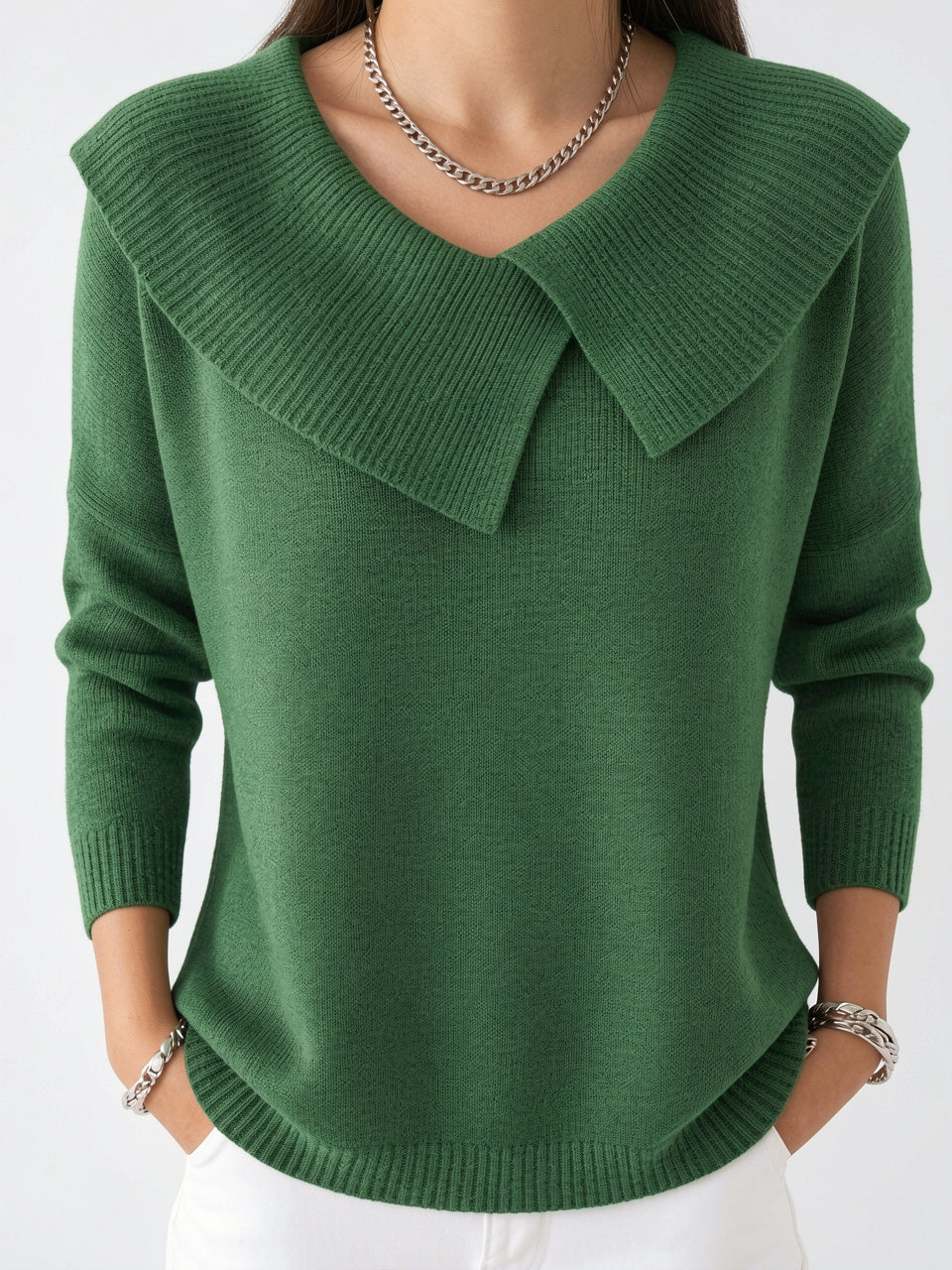 Pull Femme Tricot Col Rabattu Large Maille Automne - Vert S