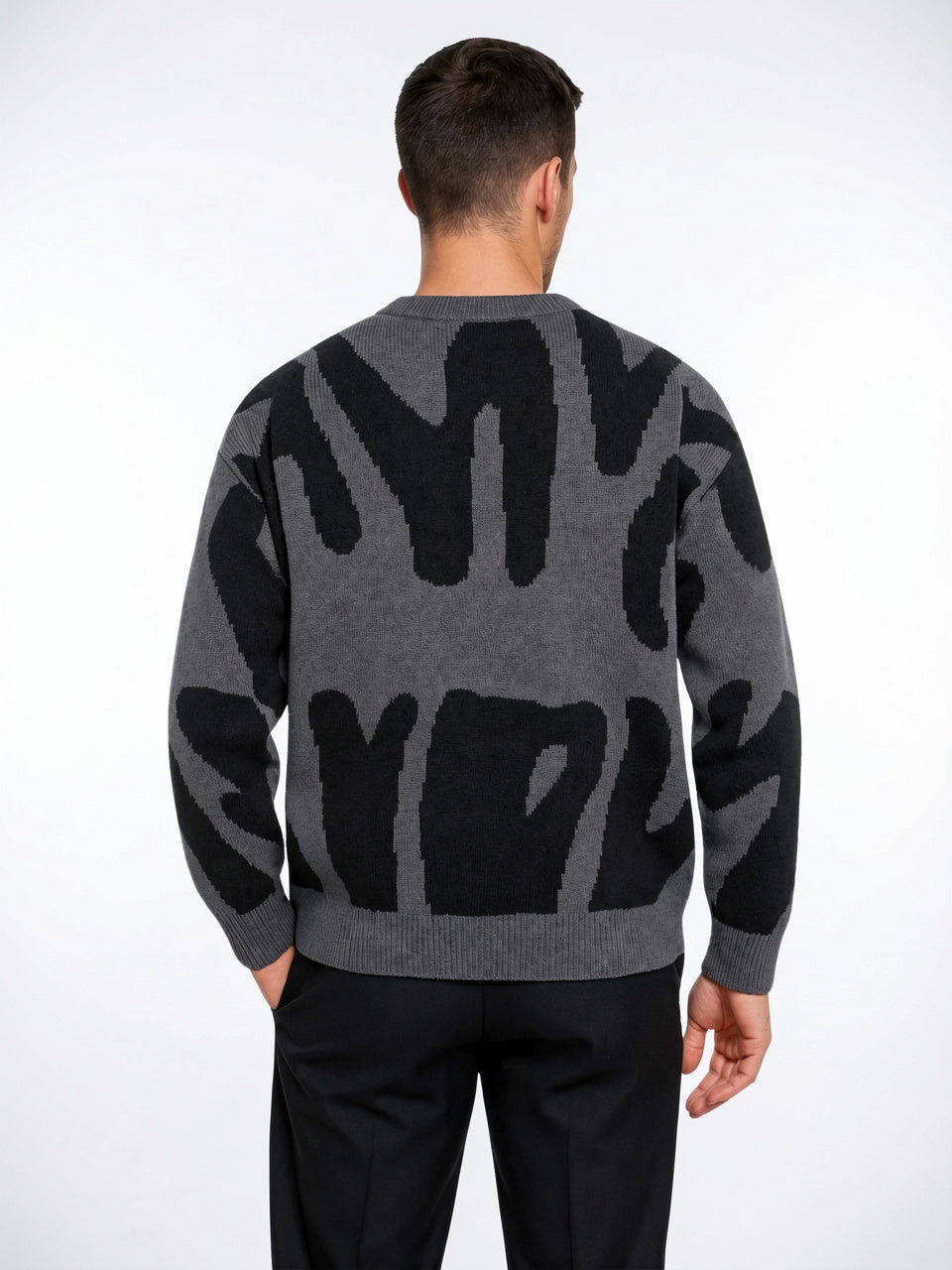Pull Homme Tricot Motif Abstrait Col Rond Maille - 2