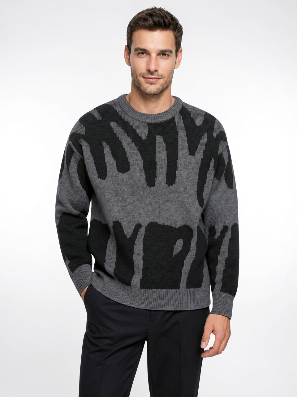 Pull Homme Tricot Motif Abstrait Col Rond Maille - Gris et Noir S