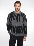 Pull Homme Tricot Motif Abstrait Col Rond Maille - Gris et Noir S