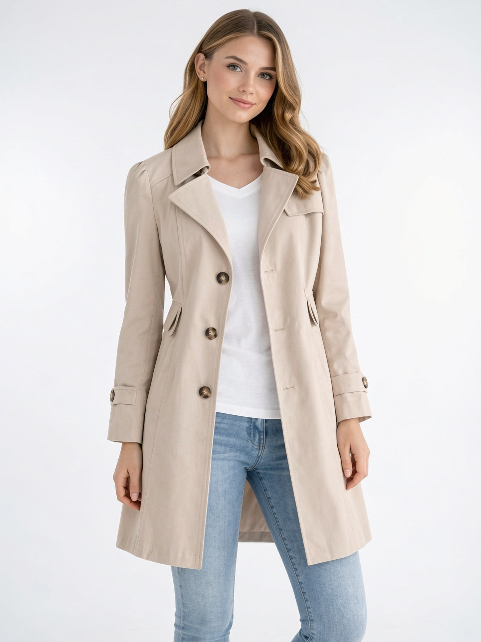 Trench Femme Mi-Longue Boutonnage Revers Col Manteau Pluie - Beige S