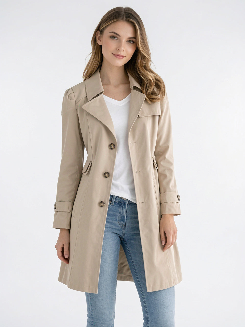 Trench Femme Mi-Longue Boutonnage Revers Col Manteau Pluie - Kaki S