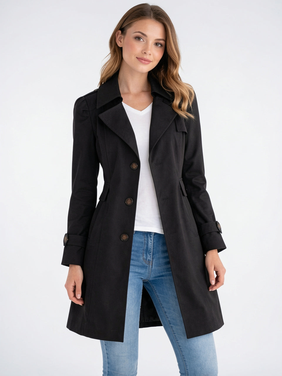 Trench Femme Mi-Longue Boutonnage Revers Col Manteau Pluie - Noir S