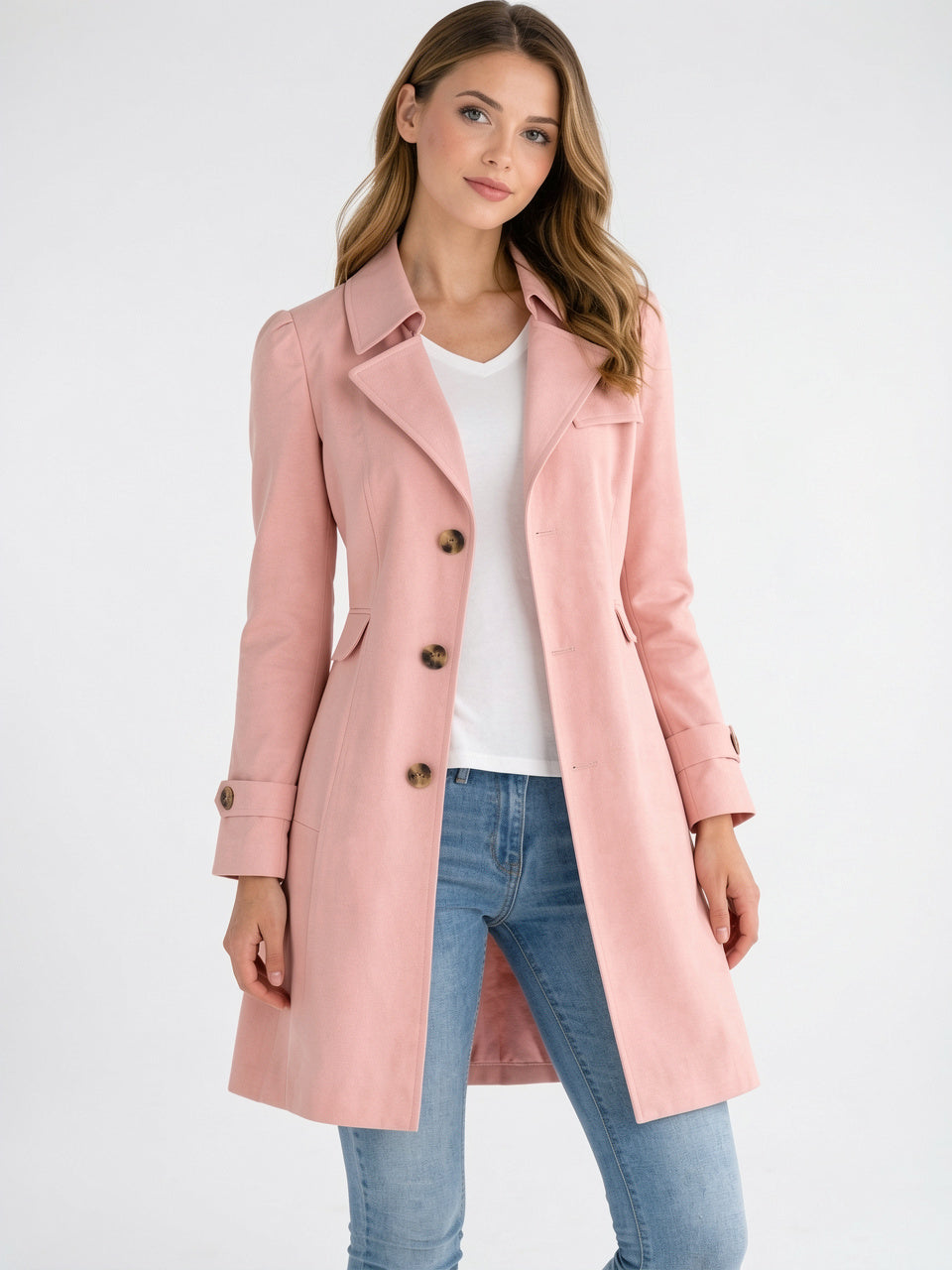 Trench Femme Mi-Longue Boutonnage Revers Col Manteau Pluie - Rose S