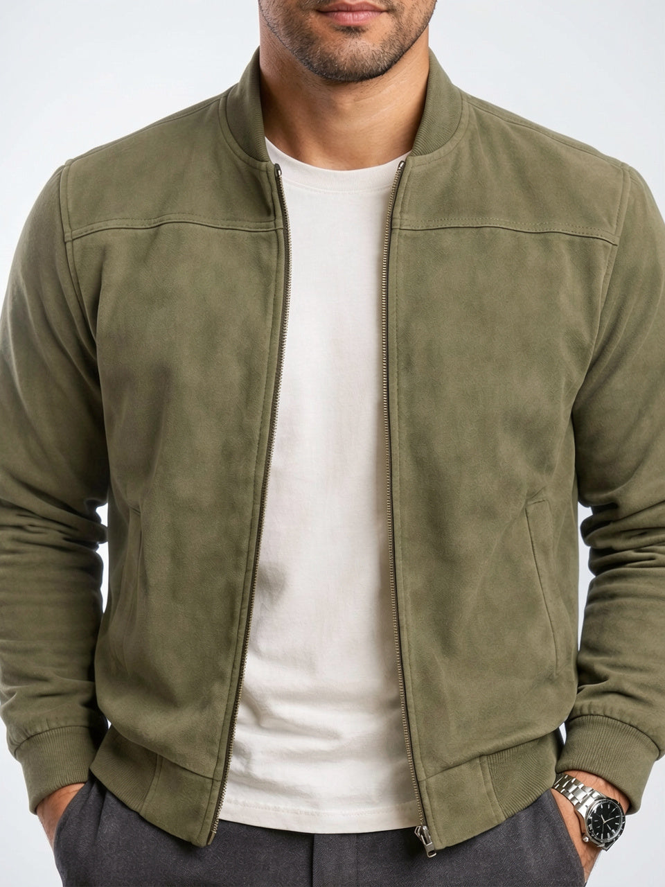 Veste Bomber Suédine Classique Cuir Végan Automne Zippée - Vert S