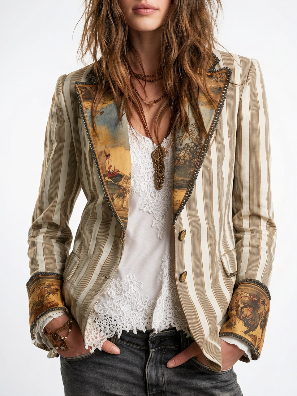 Veste Courte Structurée Contraste Garniture Femme Col - Beige S