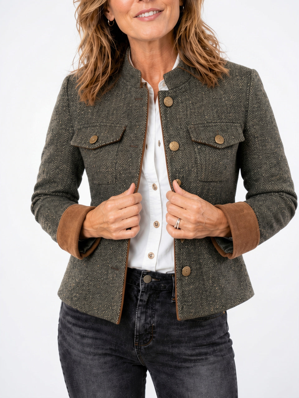 Veste Courte Structurée Contraste Garniture Femme Col - Olive S
