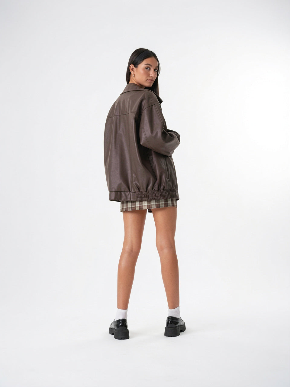 Veste Cuir Femme Bomber Zippée Oversized Col Large - 3