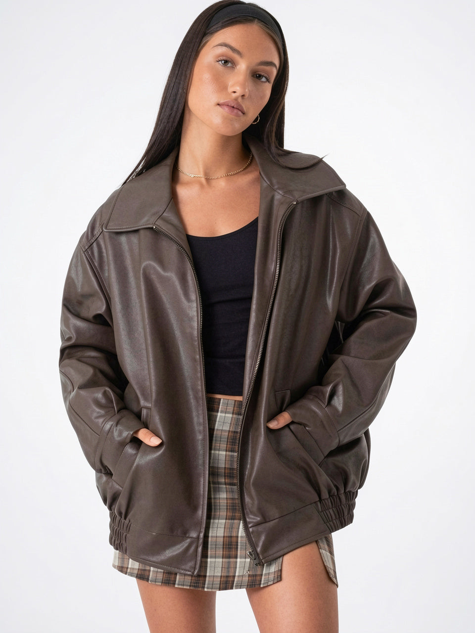 Veste Cuir Femme Bomber Zippée Oversized Col Large - Marron XS