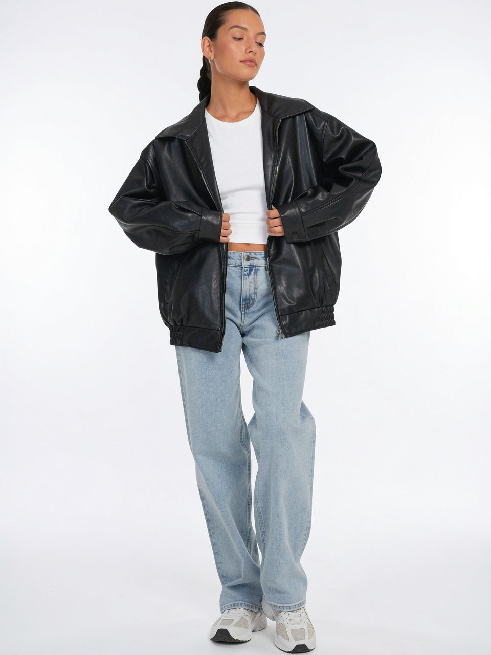 Veste Cuir Femme Bomber Zippée Oversized Col Large - Noir XS