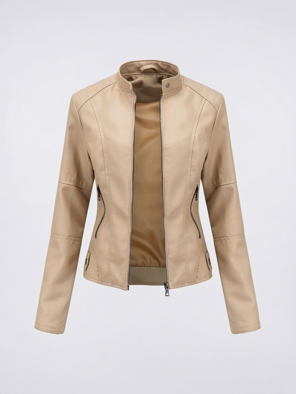 Veste Cuir Femme Col Montant Courte Zippée - Abricot S