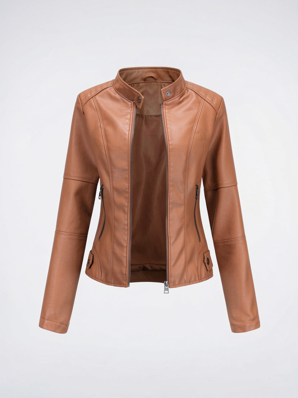 Veste Cuir Femme Col Montant Courte Zippée - Chameau S
