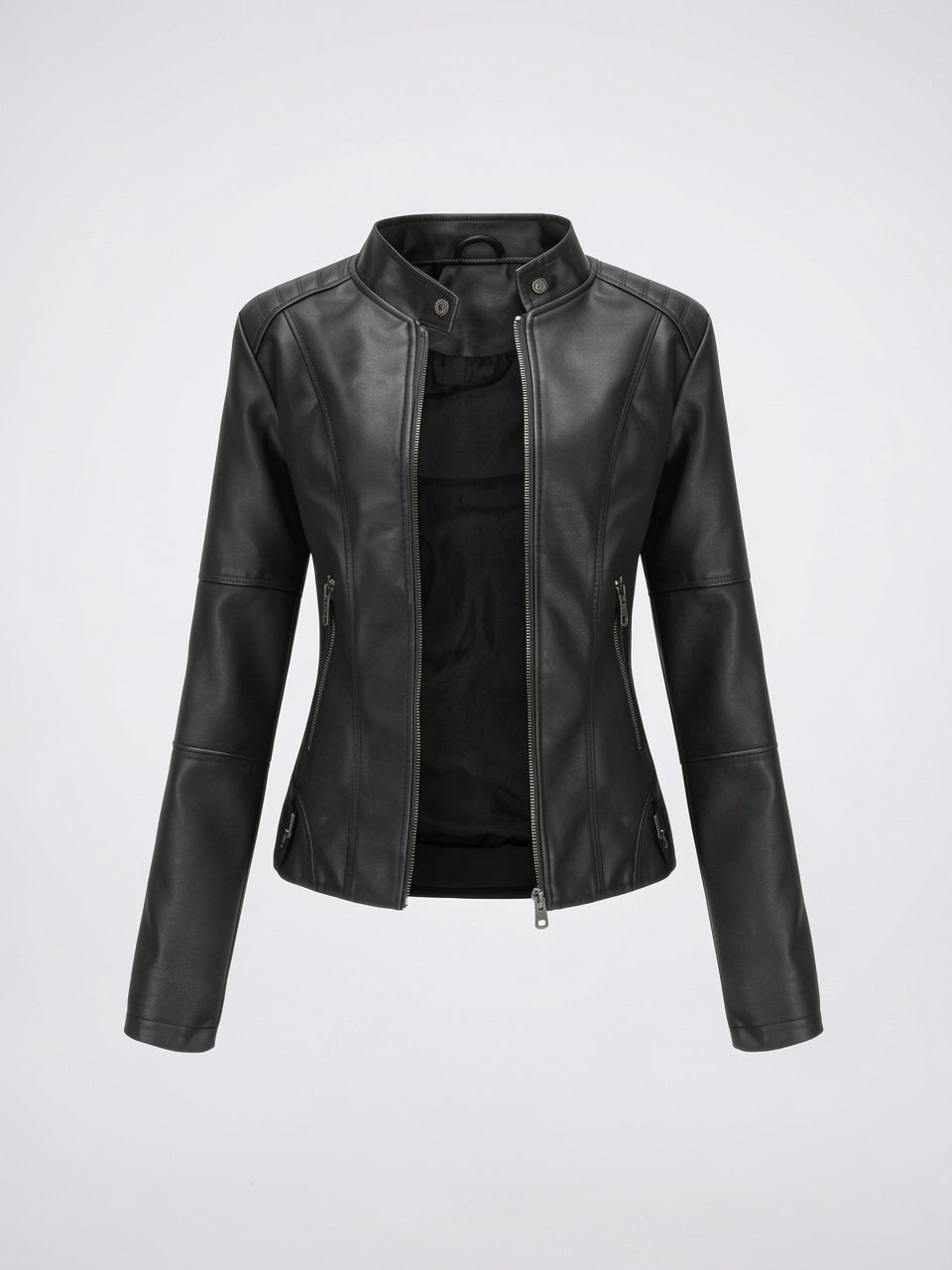 Veste Cuir Femme Col Montant Courte Zippée - Noir S