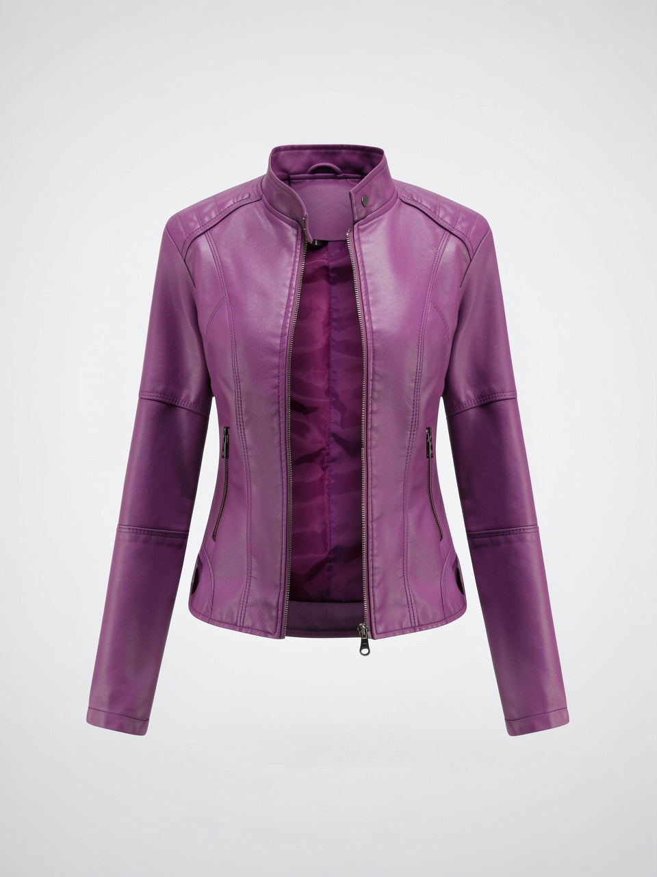 Veste Cuir Femme Col Montant Courte Zippée - Pourpre S