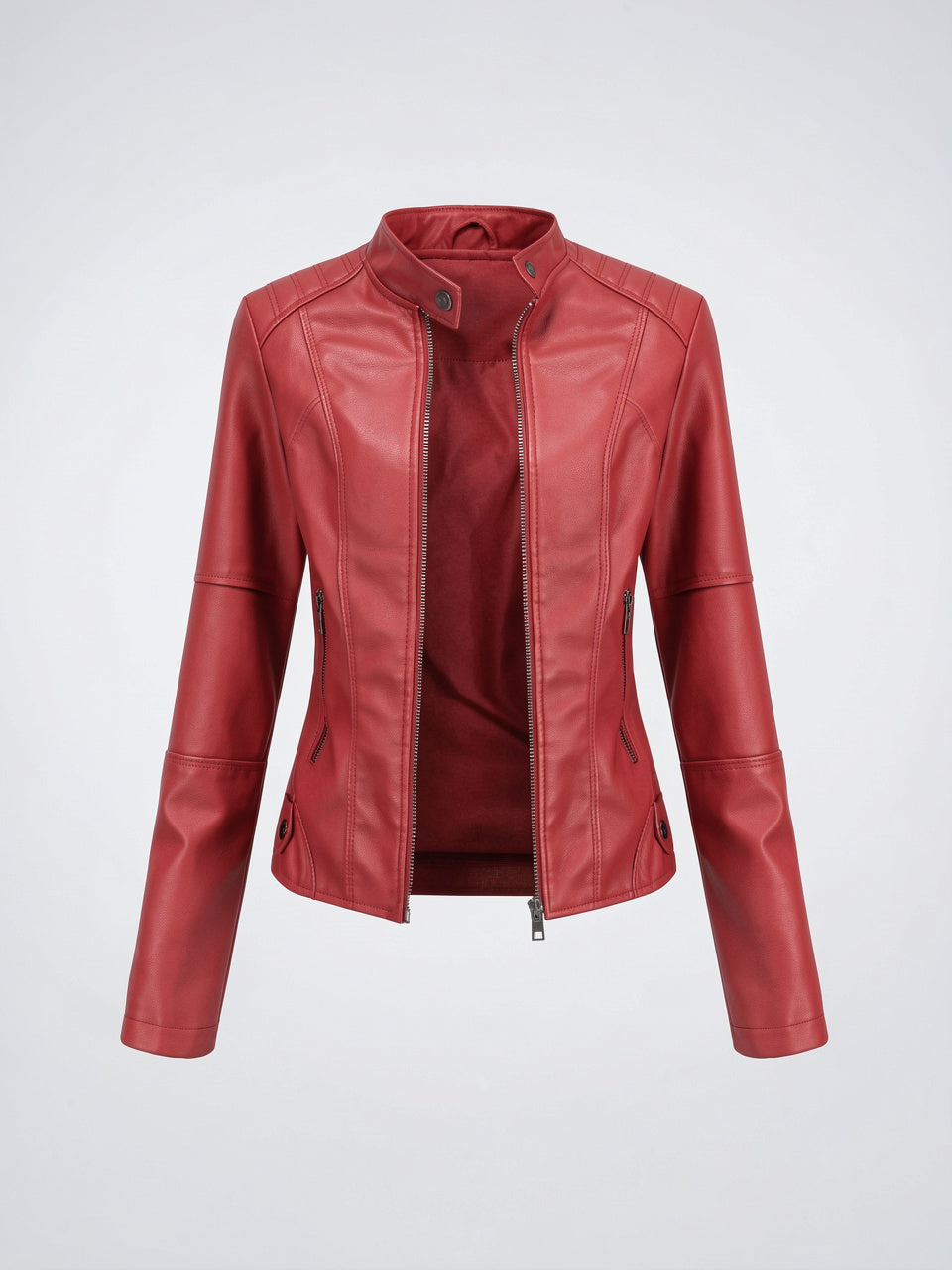 Veste Cuir Femme Col Montant Courte Zippée - Rouge Vin S