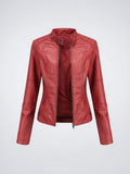 Veste Cuir Femme Col Montant Courte Zippée - Rouge Vin S