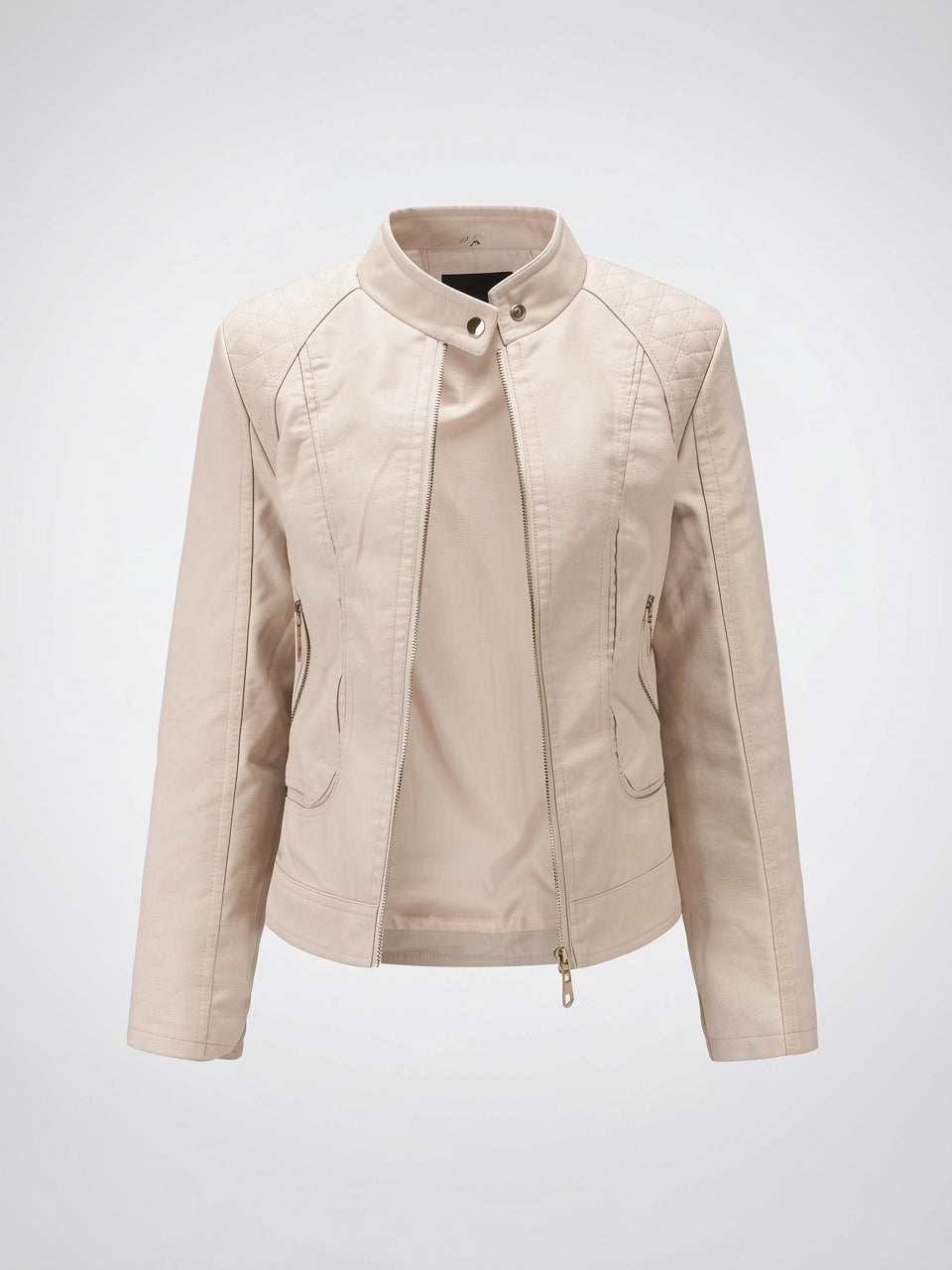 Veste Cuir Femme Moto Col Montant Poches - Abricot S