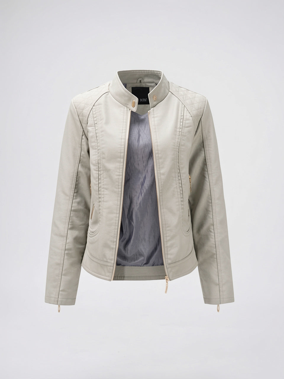 Veste Cuir Femme Moto Col Montant Poches - Gris S
