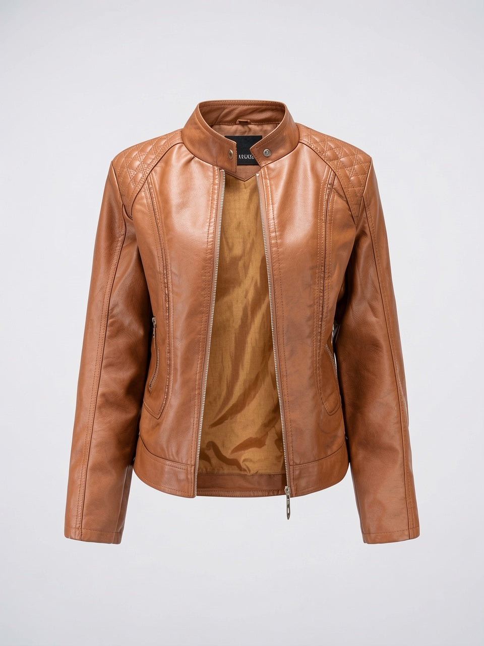 Veste Cuir Femme Moto Col Montant Poches - Marron S