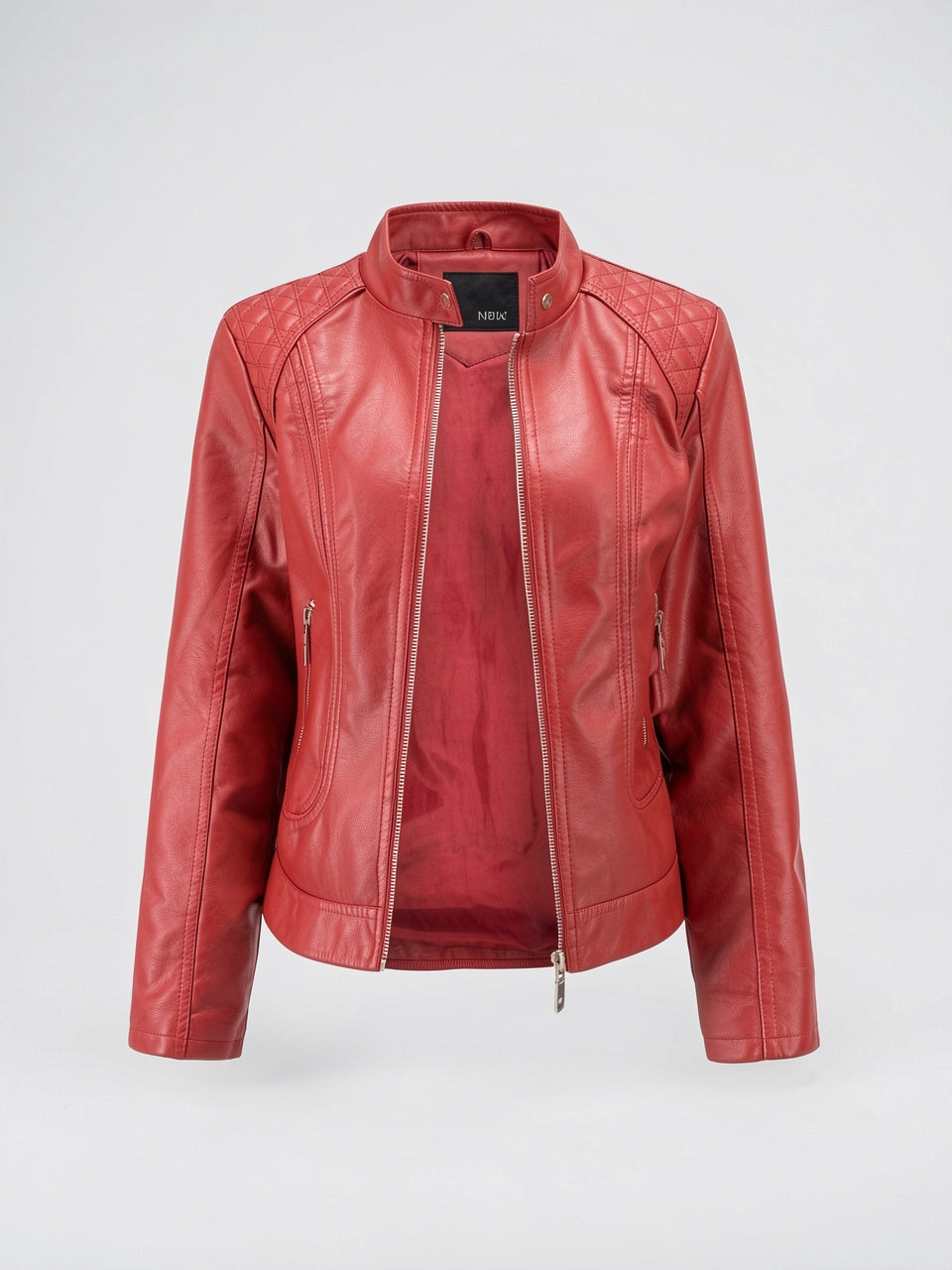 Veste Cuir Femme Moto Col Montant Poches - Rouge S
