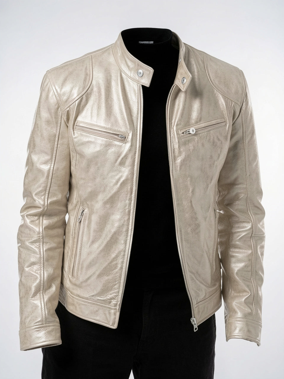 Veste Cuir Moto Zippée Homme Décontractée - Beige S