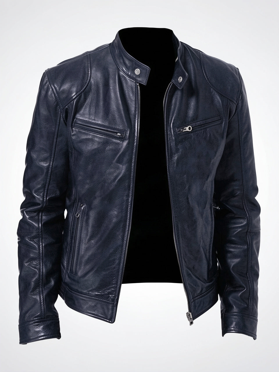 Veste Cuir Moto Zippée Homme Décontractée - Bleu Marine S