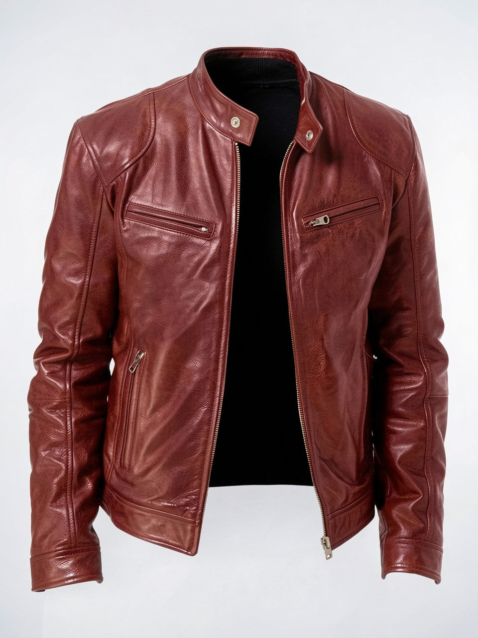 Veste Cuir Moto Zippée Homme Décontractée - Bordeaux S