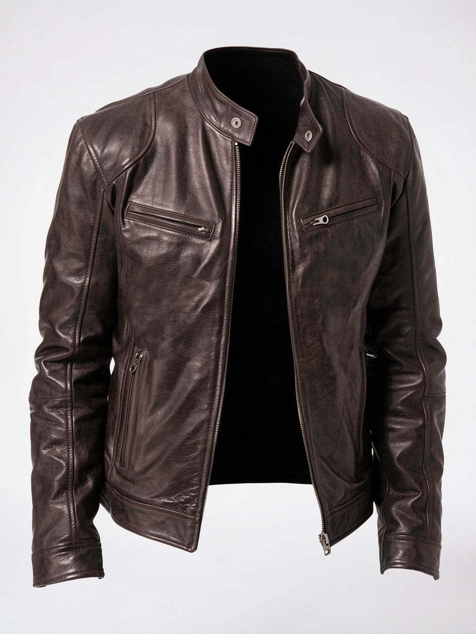Veste Cuir Moto Zippée Homme Décontractée - Marron Foncé S
