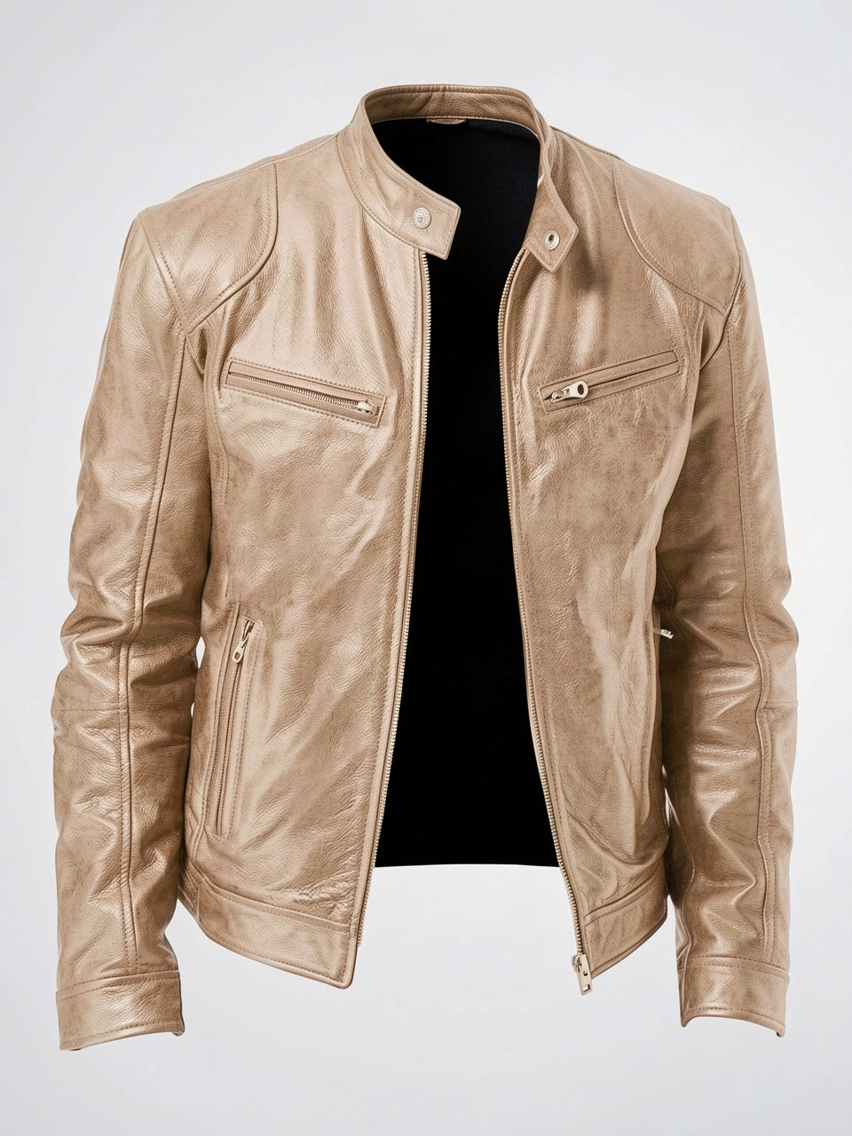 Veste Cuir Moto Zippée Homme Décontractée - Or S