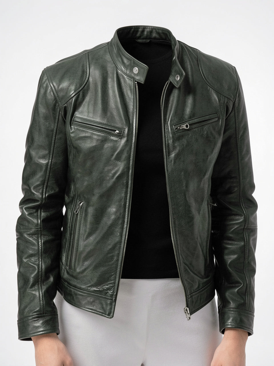 Veste Cuir Moto Zippée Homme Décontractée - Vert Militaire S