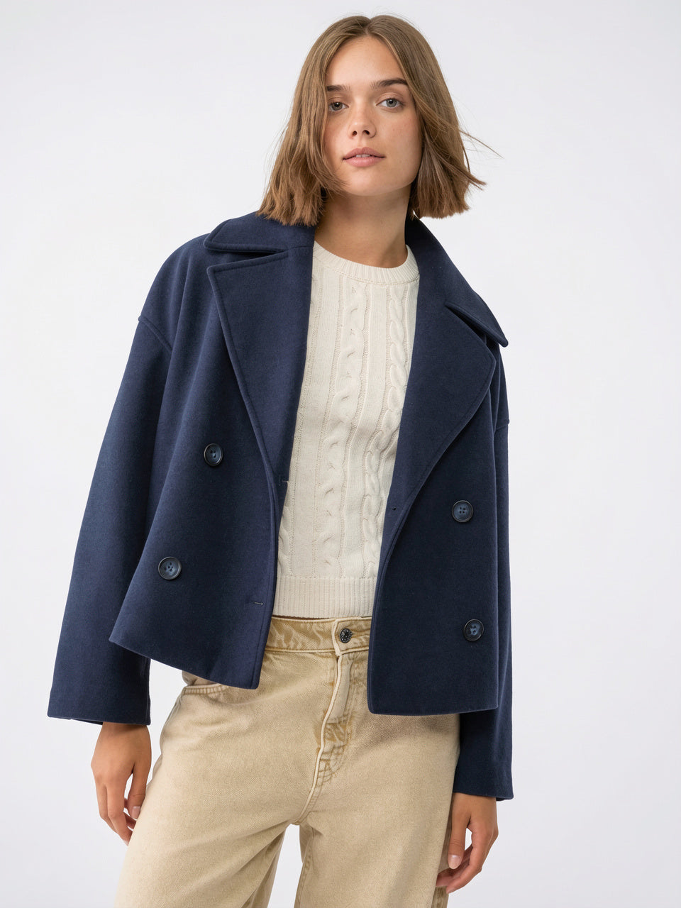Veste Femme Courte en Laine Croisée Col Large - Bleu Foncé XS