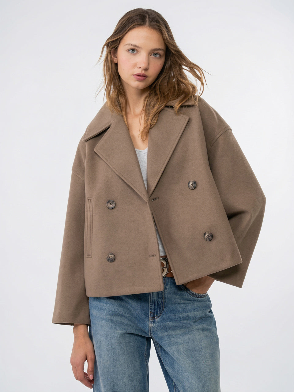 Veste Femme Courte en Laine Croisée Col Large - Marron XS