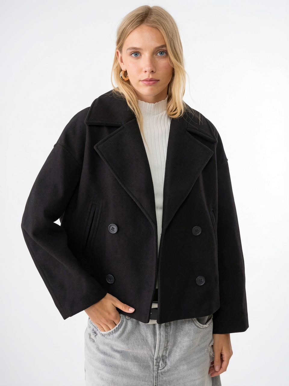 Veste Femme Courte en Laine Croisée Col Large - Noir XS