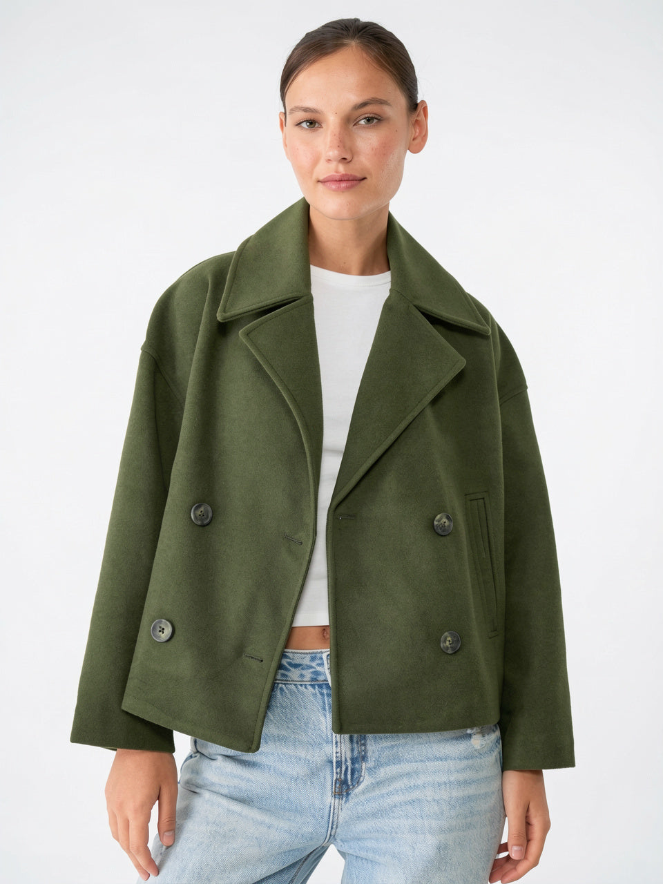 Veste Femme Courte en Laine Croisée Col Large - Vert Kaki XS